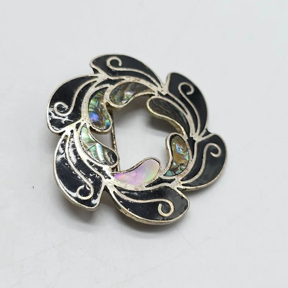 Vintage Brooch Mexico Alpaca Silver Tone Abalone Mother of Pearl